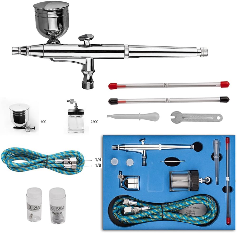 Toechmo Airbrush Kit Dual Action Air Brush Kit Spray Gun Air Hose with 0.2mm/0.3mm/0.5mm Needle for Tattoo, Cake Decorating, Nail Beauty, Painting-004