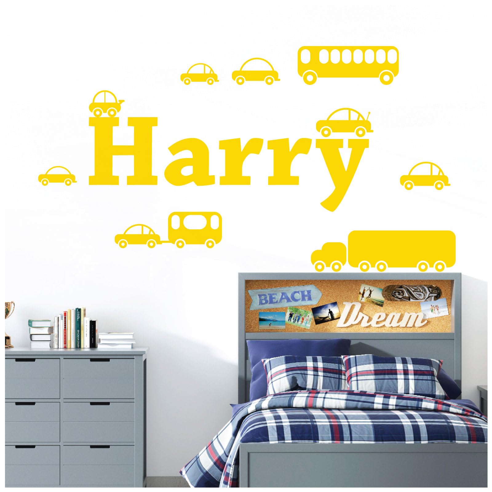 Personalised Name Boys Wall Art Sticker - Cartoon Trucks, Cars, Bus, Caravan, Taxi Set [Medium] [Medium Yellow] — image 1