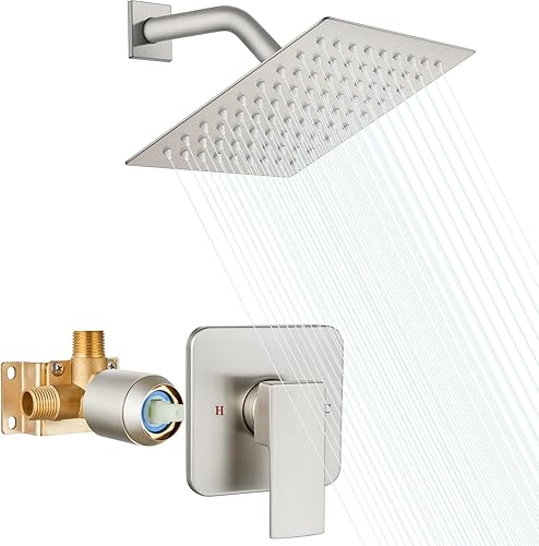 Heyalan Juego de cabezal de ducha y mango de 8 pulgadas, juego de grifo de ducha cuadrado para baño, juego de grifo de ducha de acero inoxidable,