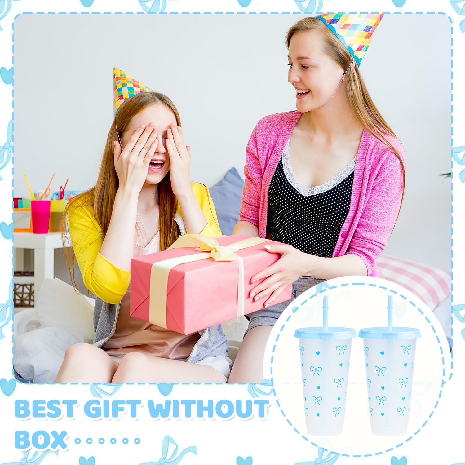 12Pcs 24 oz Blue Bow Plastic Cups with Straw and Lid, Reusable Coquette Bow Tie Cold Cups for Wedding Baby Shower Birthday Party Decor - Image 6