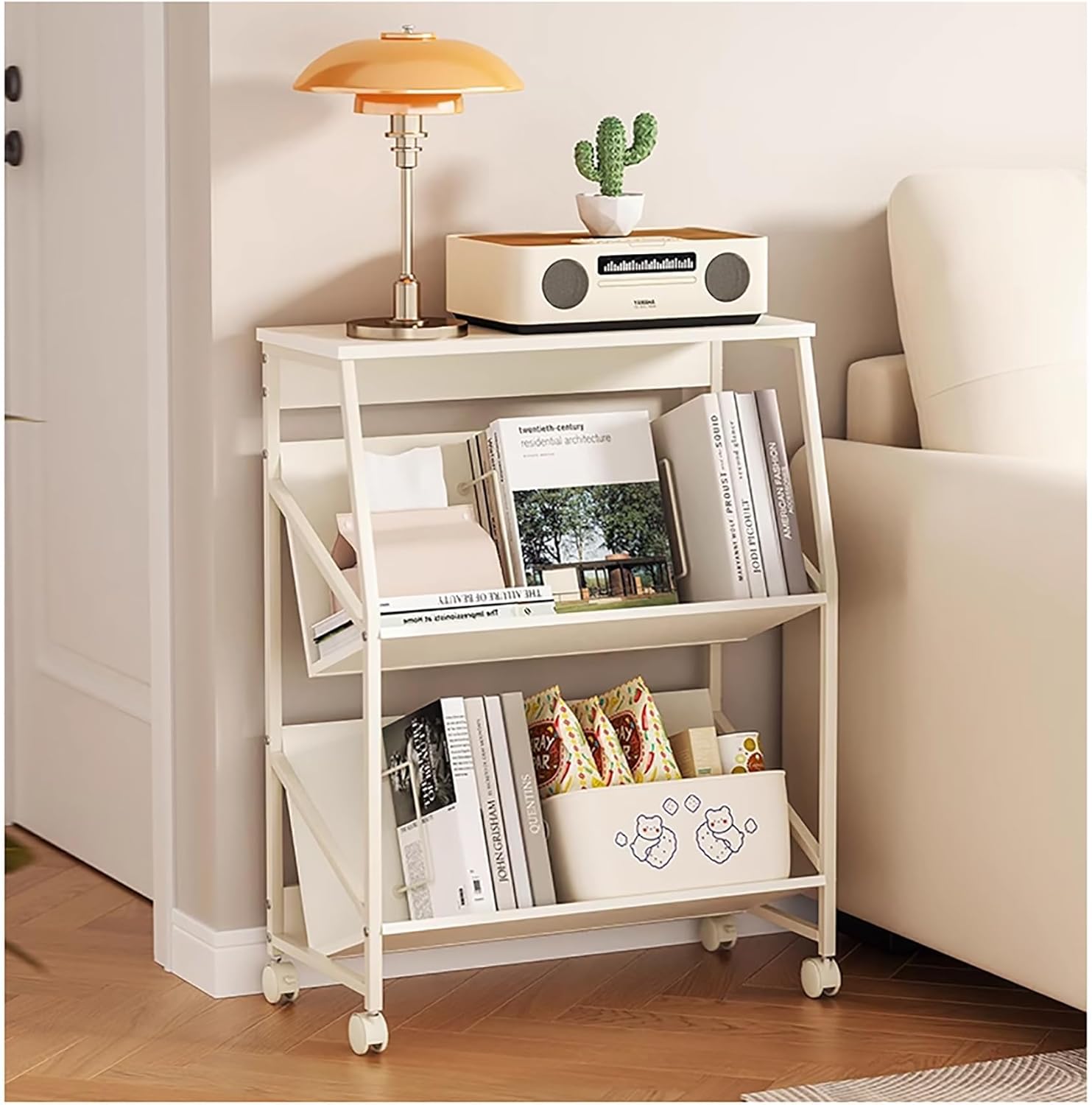 Storage Cart Mobile Bookshelf cart, Slim Organizer Shelf with Wheels 2 Tier Rolling Storage for Office, Home, School, Classroom,Library,White