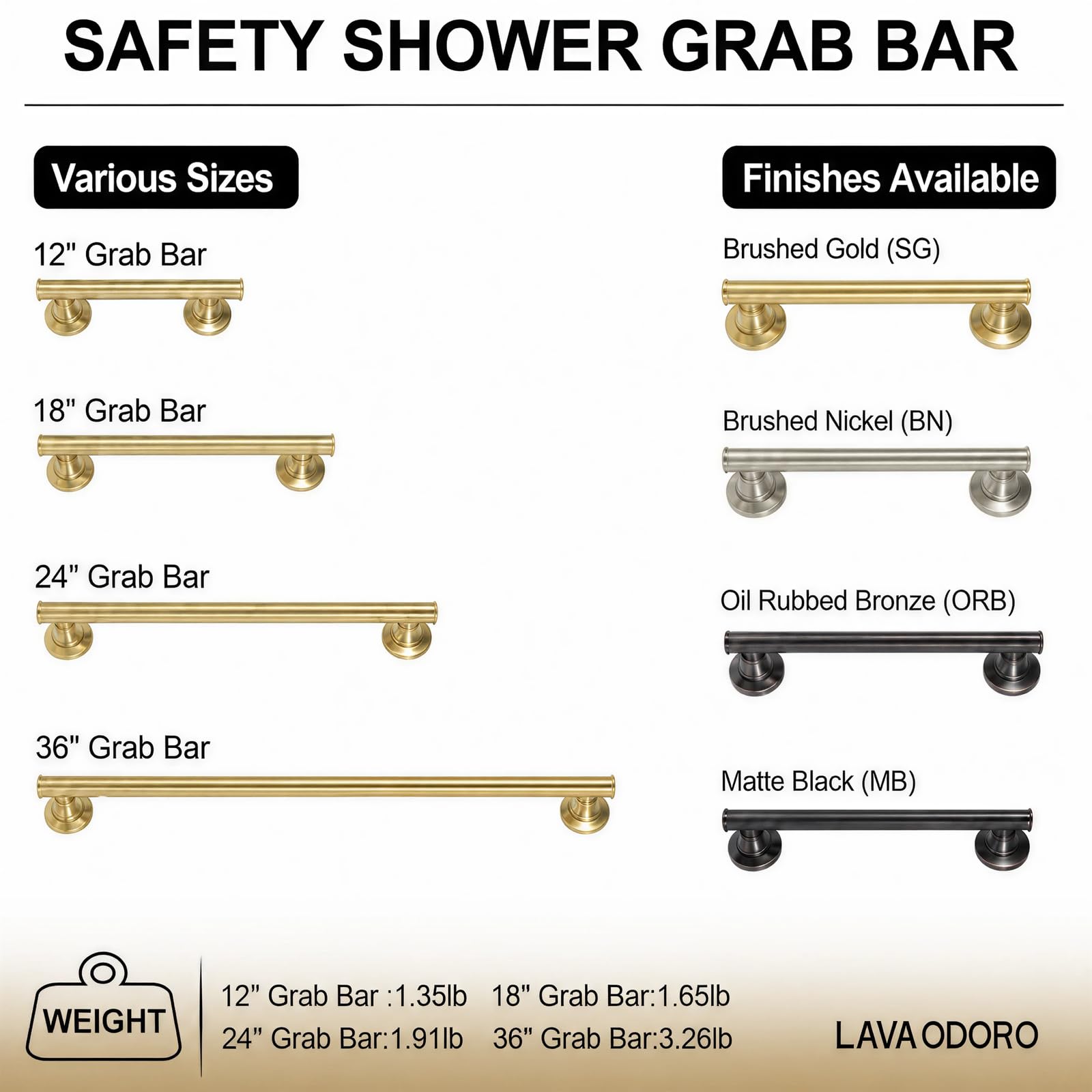 Lava Odoro Barra di sostegno per il bagno per anziani, set di barre di | Maniglia moderna per doccia in acciaio inox per anziani e disabili, oro spazzolato, SG207-SET-SG (45,7 cm, 61,1 cm, 91,4 cm)