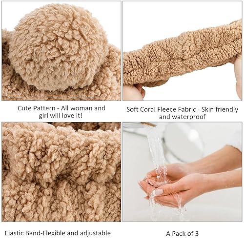 Miniatura 5 de AHONEY Spa Bear Ears Headband, Face Wash Wristband Set, Cute Makeup Skincare Headbands Wrist Bands for Washing Face Elastic Fluffy Headband for