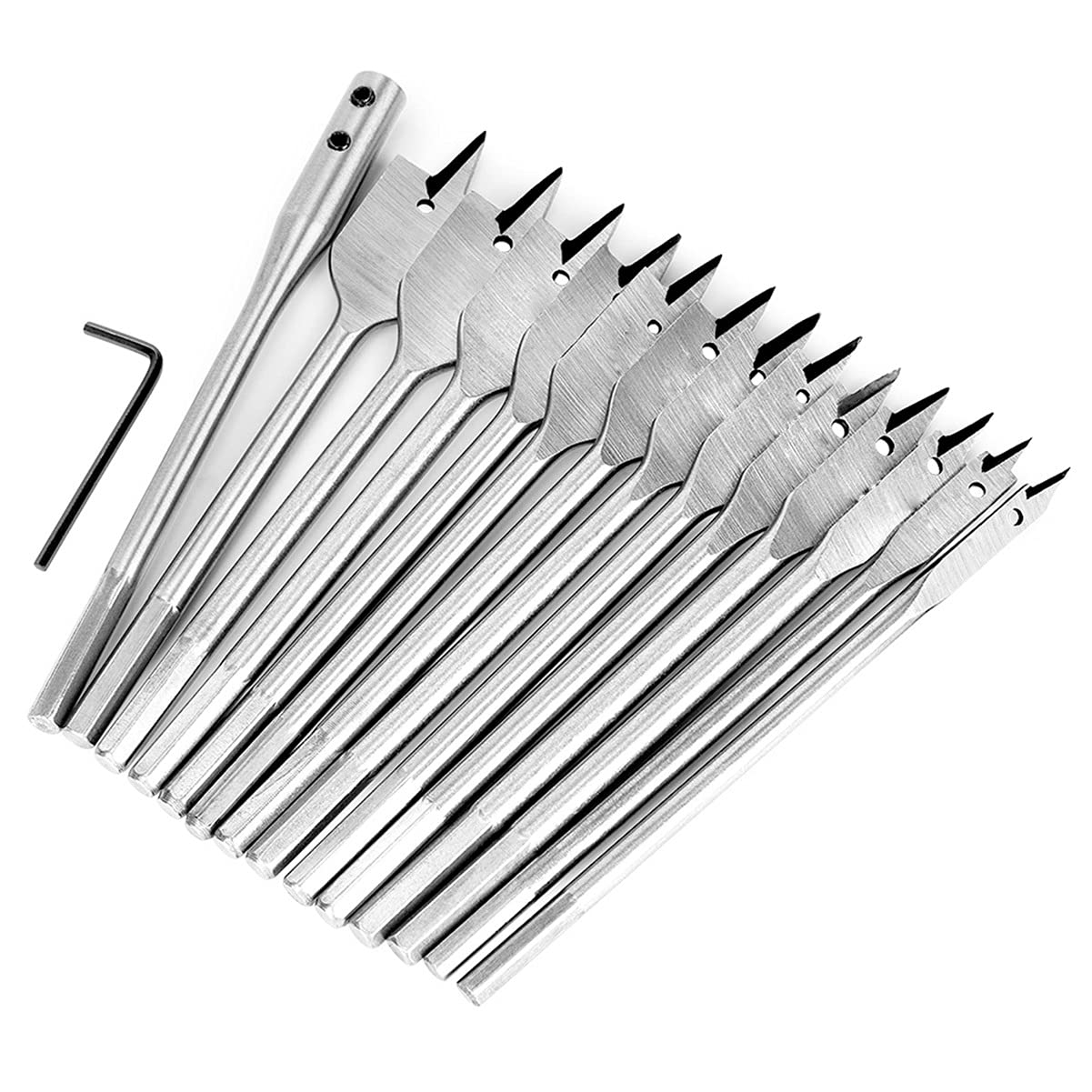ZTBH Juegos de Brocas 15pcs Full Steel Hex Shank Spade Spade Plano bit Set, para 6-25mm Kit de Herramientas eléctricas de perforación de Madera Accesorios