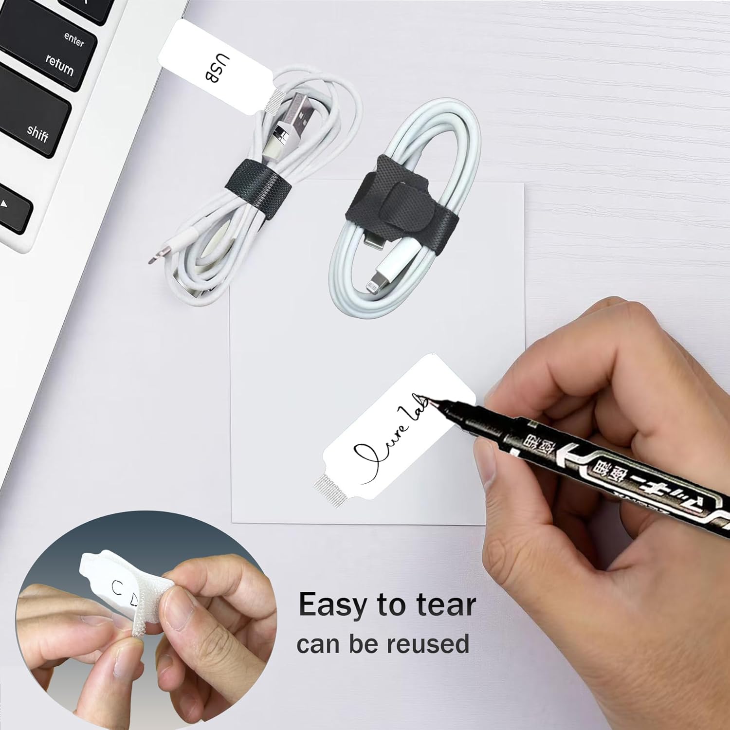 48 Pcs cord labels & Hook and Loop Ties Set with Marker - 24 Labels + 24 Cable Management for Electronics, Home & Office Wire Management