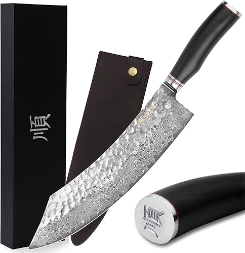 Miniatura 10 de YOUSUNLONG Cuchillo de carnicero Pro 10" Cimitar híbrido cuchillo japonés martillado acero Damasco mango de madera de plomo natural