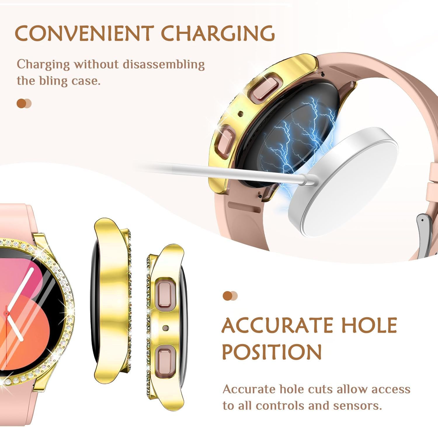 DEALELE [2-PACK] Case Compatible with Samsung Galaxy Watch 5/4 44mm, Bling Single-Row Diamond PC Protective Case Replacement Watch Cover Bumper (44mm, Gold+Transparent) — view 269