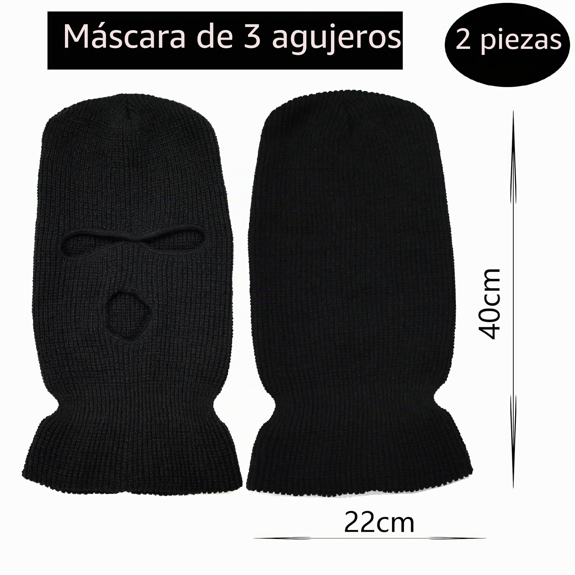 2 Piezas Pasamontañas Negro, Pasamontañas de 3 Agujeros, Balaclava Negro,Punto de Invierno Cubierta Facial cálida, Gorro de Esquí para Ciclismo Deportes al Aire Libre