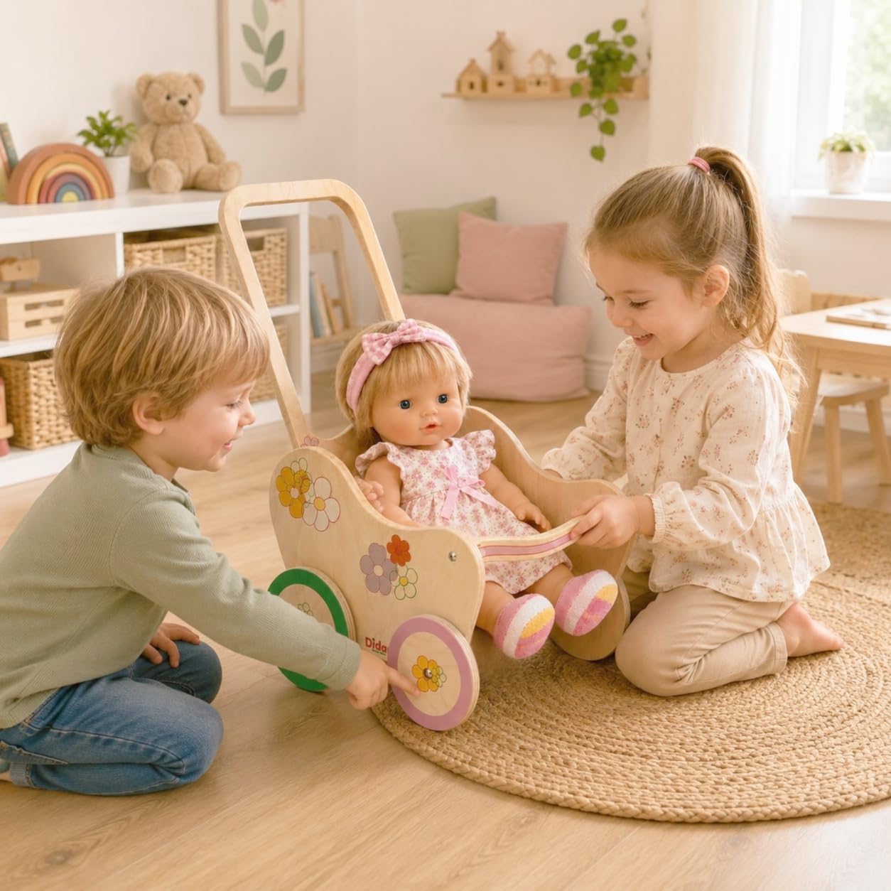 Dida Landau pour Poupées en Bois Motif Fleurs - Poussette pour Poupées jusqu'à 35 cm, Jouet de Rôle pour Enfants de 2 à 4 Ans, Parfait pour Les Petits Parents