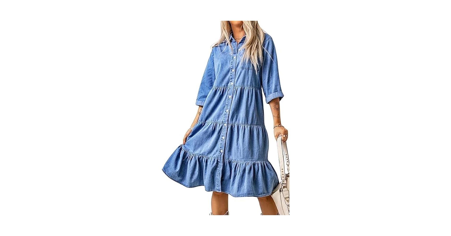Sexyshine Women's Button Down Ruffled Denim Shirt Midi Dress