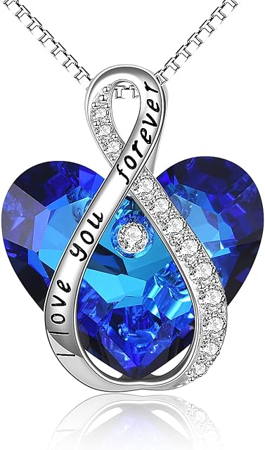 Sterling Silver Blue Infinity Love Heart Engraved Pendant Necklace with Austria Crystals- Birthday Anniversary Christmas Jewellery Gifts for Women Mum Girlfriend Daughter Her