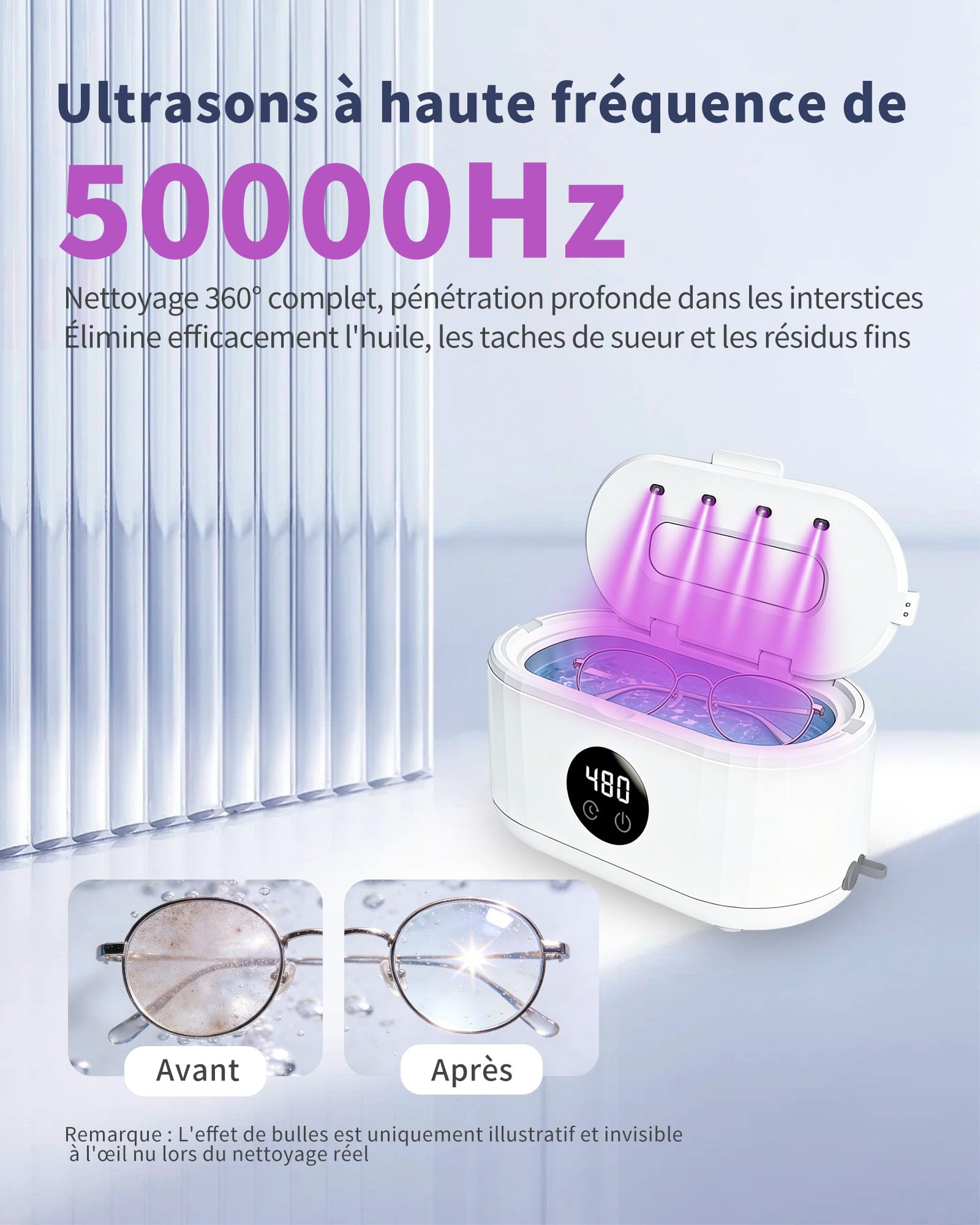 Nettoyeur Ultrasons, 50 kHz UV Ultrasonic Cleaner, Bac a Ultrason 5 Modes de Nettoyage, Nettoyeur Ultrason Bijoux adapté aux Lunettes, Bijoux, Prothèses Dentaires et Outils Cosmétiques