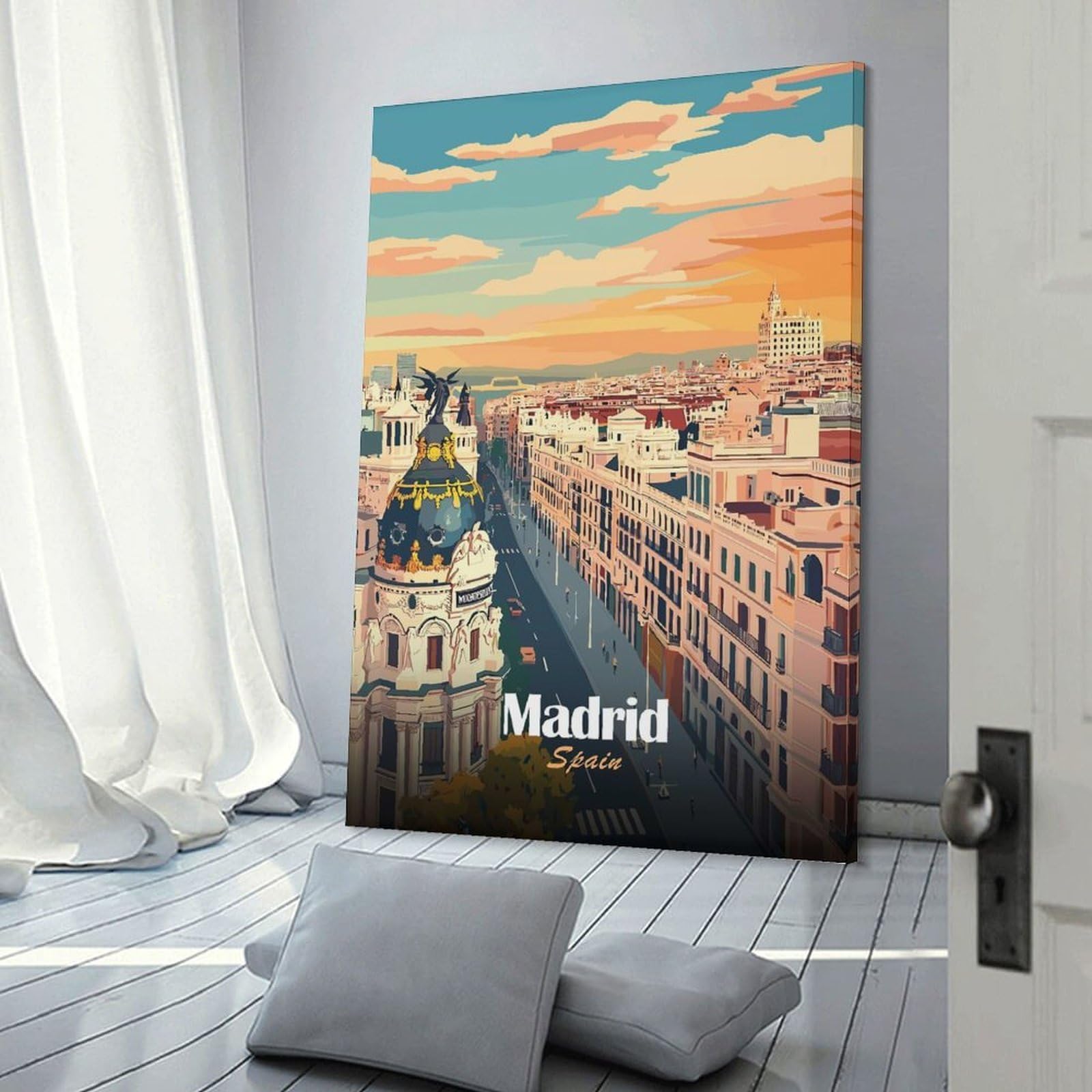 Junmoney Madrid Spain Cityscape Illustration Canvas Wall Art, 24x36inch(60x90cm), for Wall Displays, Bedrooms Or Room Updates, Ideal for Building A Coordinated Art Wall