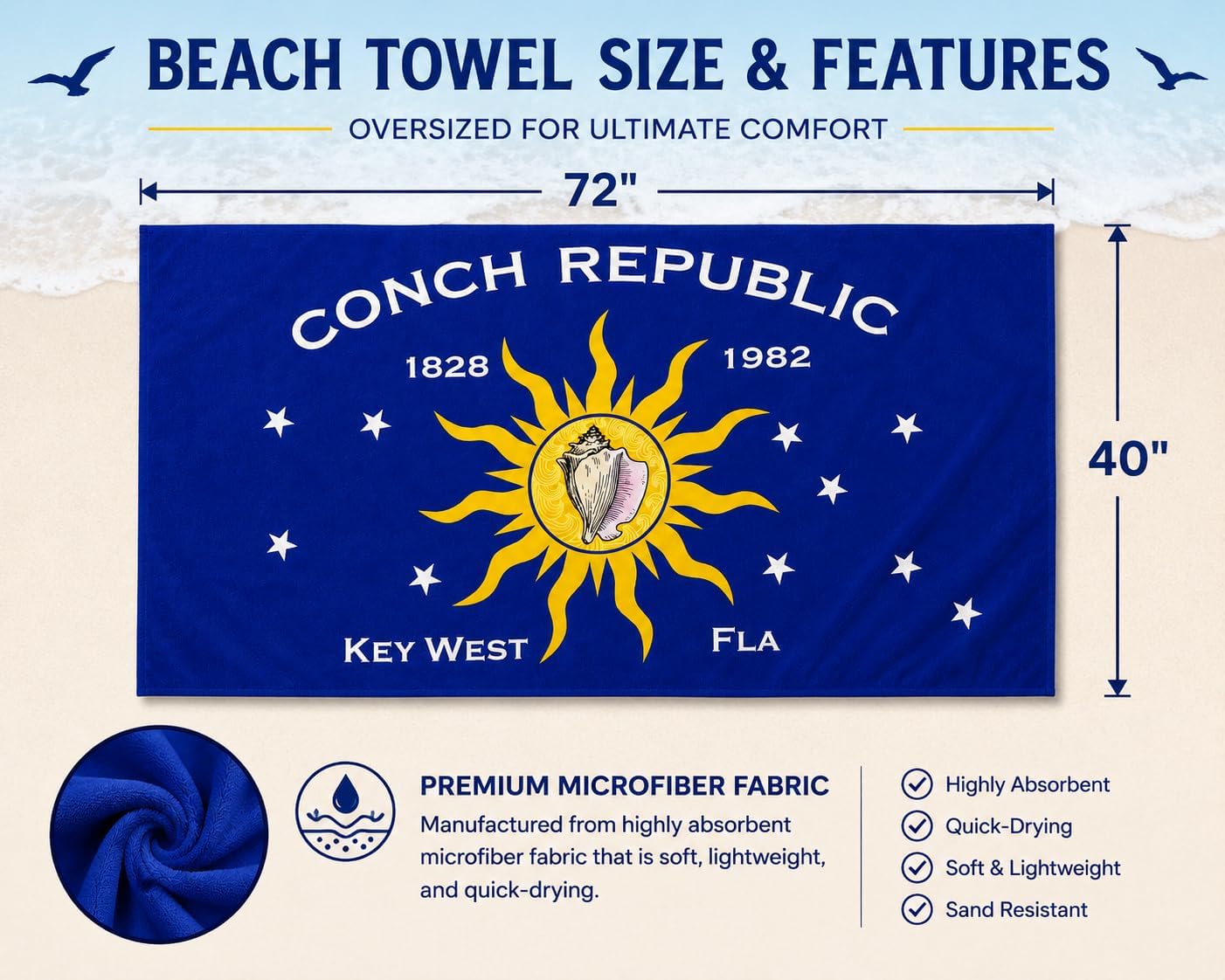Conch Republic Microfiber Quick Drying Large Beach Towel, 40 x 72 inches (100 x 180 cm)