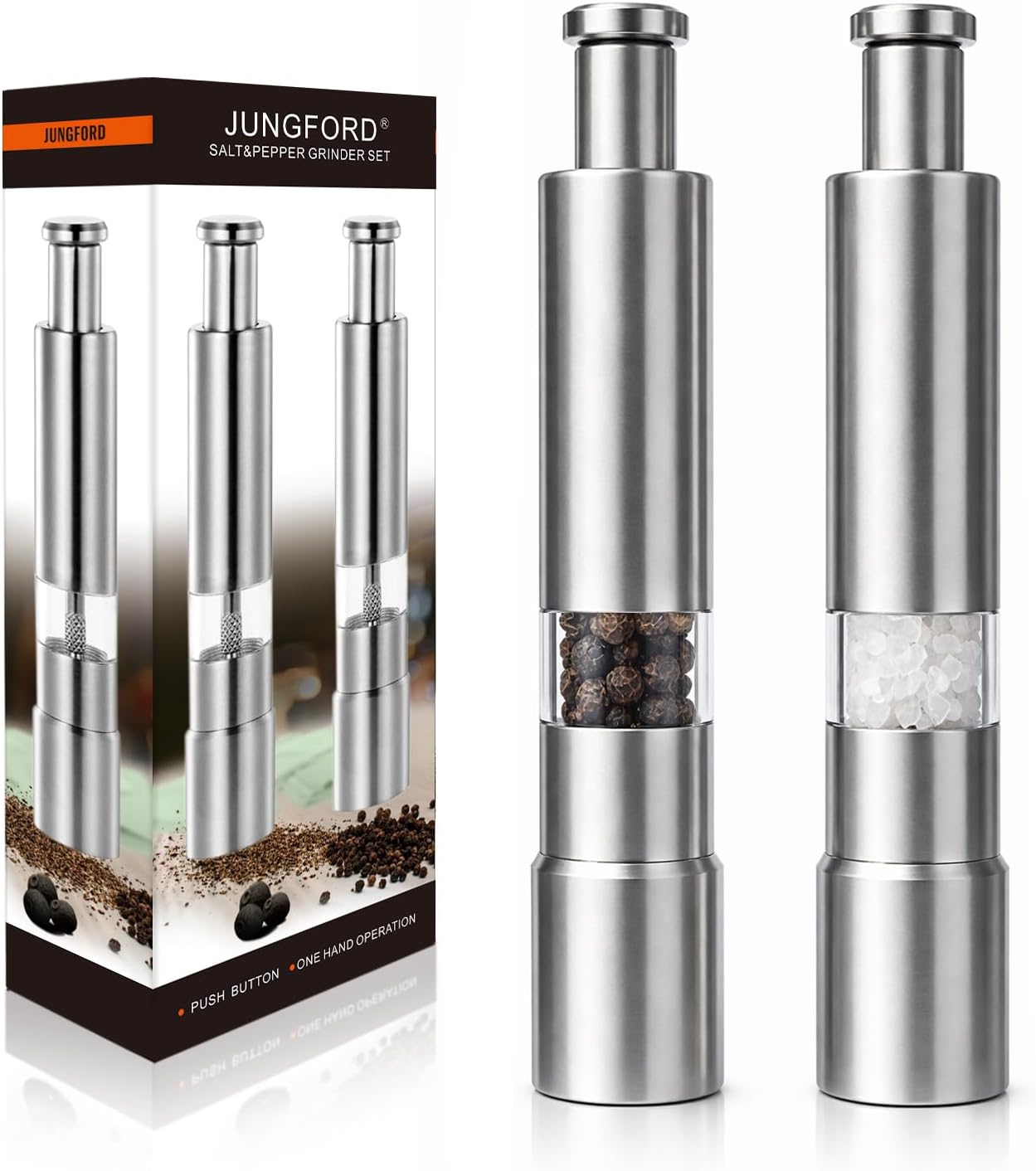 [2 Pieces] Premium Stainless Steel Salt Grinder and Pepper Mill Set for Pepper Sea Salt Himalayan Salt and Spices with Thumb Button for One Hand Operation