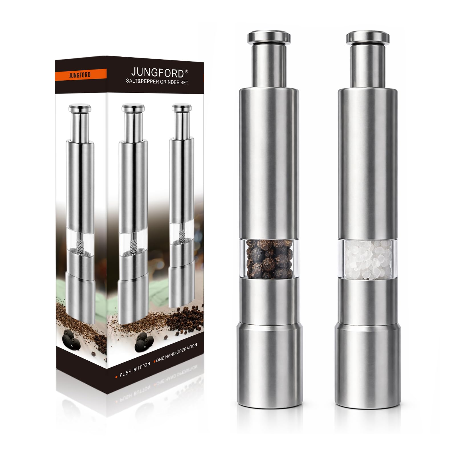 Photo 1 of [2 Pieces] Premium Stainless Steel Salt Grinder and Pepper Mill Set for Pepper Sea Salt Himalayan Salt and Spices with Thumb Button for One Hand Operation