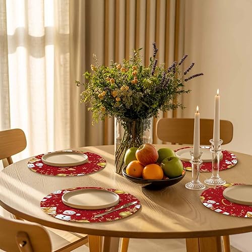 Miniatura 6 de Christams Round Placemats Set of 6 Red Merry Christmas Table Mats for Dining Table Decor Gold Balls Snowman Round Braided Placemats Heat Resistant