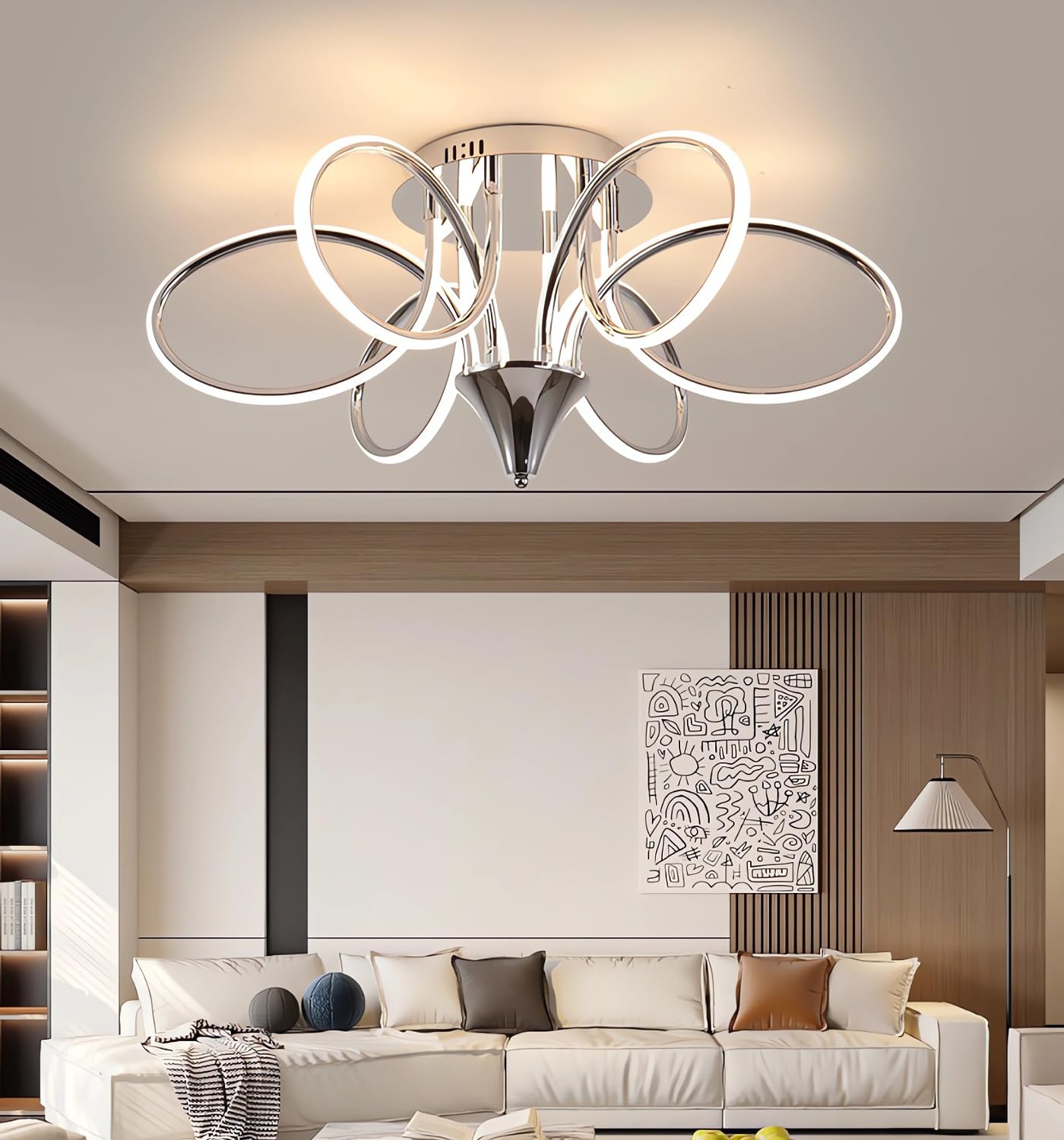 Moderne LED Deckenleuchte 90W Nordische Deckenbeleuchtung Dimmbare Wohnzimmer Deckenleuchten Esszimmer Kronleuchter mit Fernbedienung Schlafzimmer Hängende Deckenlampe (Chrom, Φ75cm)