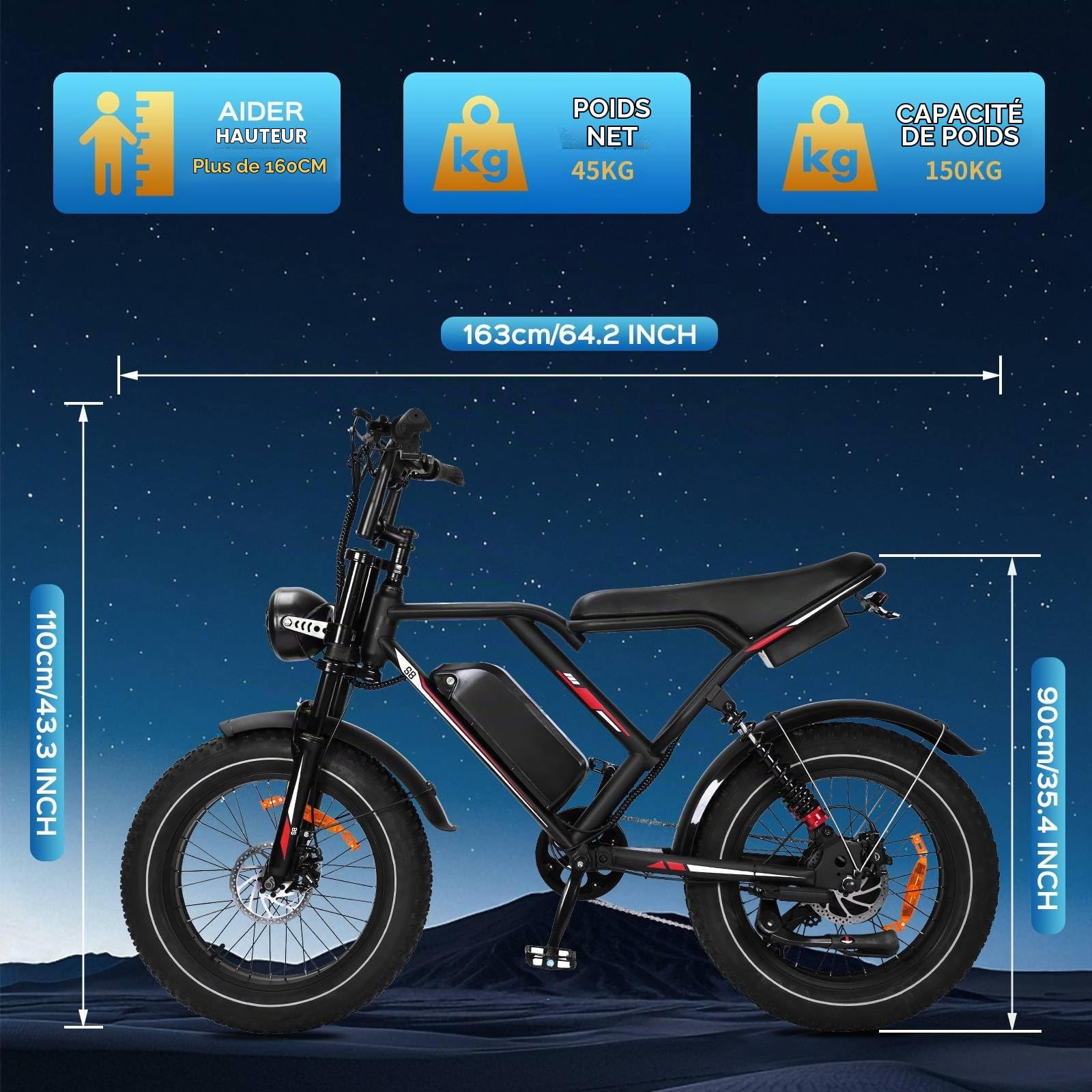 VéLo éLectrique Puissant, Suspension De Pneu De 20 Pouces, 48V/15/17.5/25AH, Moteur Unique, VéLo éLectrique Adapté Aux Trajets Quotidiens Et Hors Route pour Adultes, Charge Maximale De 150 Kg