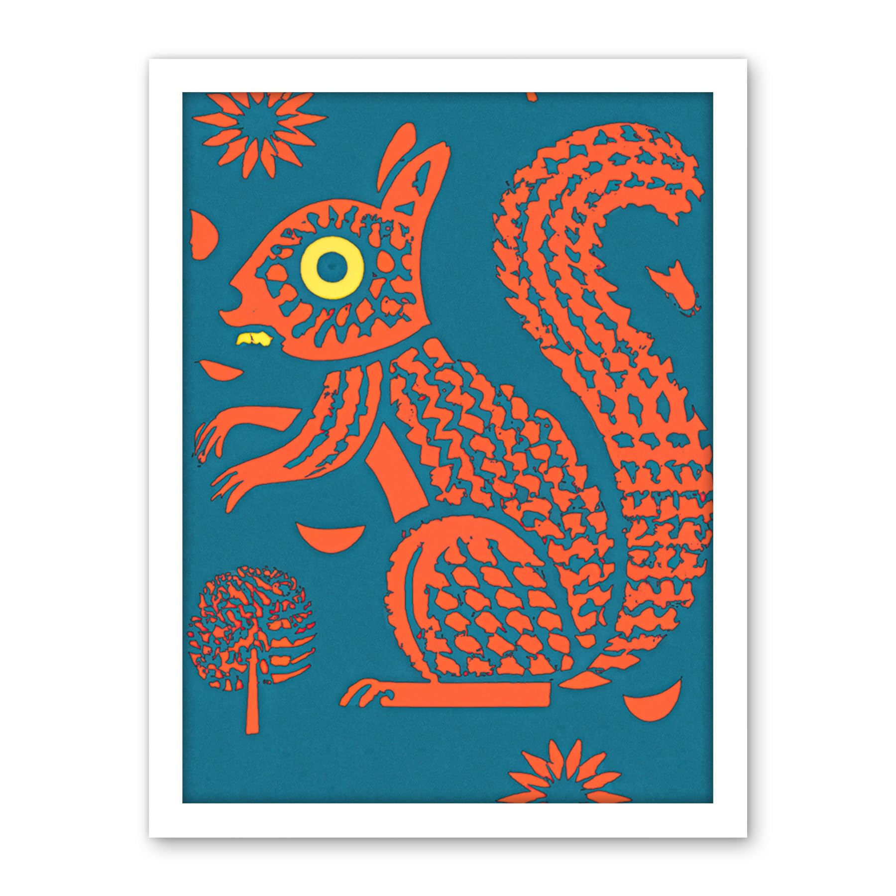 Artery8 Squirrel Colour Block Modern Folk Art Linocut Artwork Framed Wall Art Print 18X24 Inch