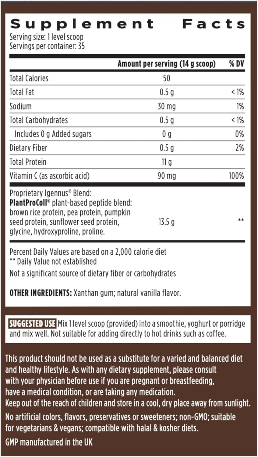 Igennus Advanced Vegan Vanilla Collagen Peptide Powder, Enhanced with Glycine, Proline & Hydroxyproline & Cofactor Vitamin C, Non GMO, Vegetarian Plant Based Collagen Powder Booster, 35 Servings - Image 7