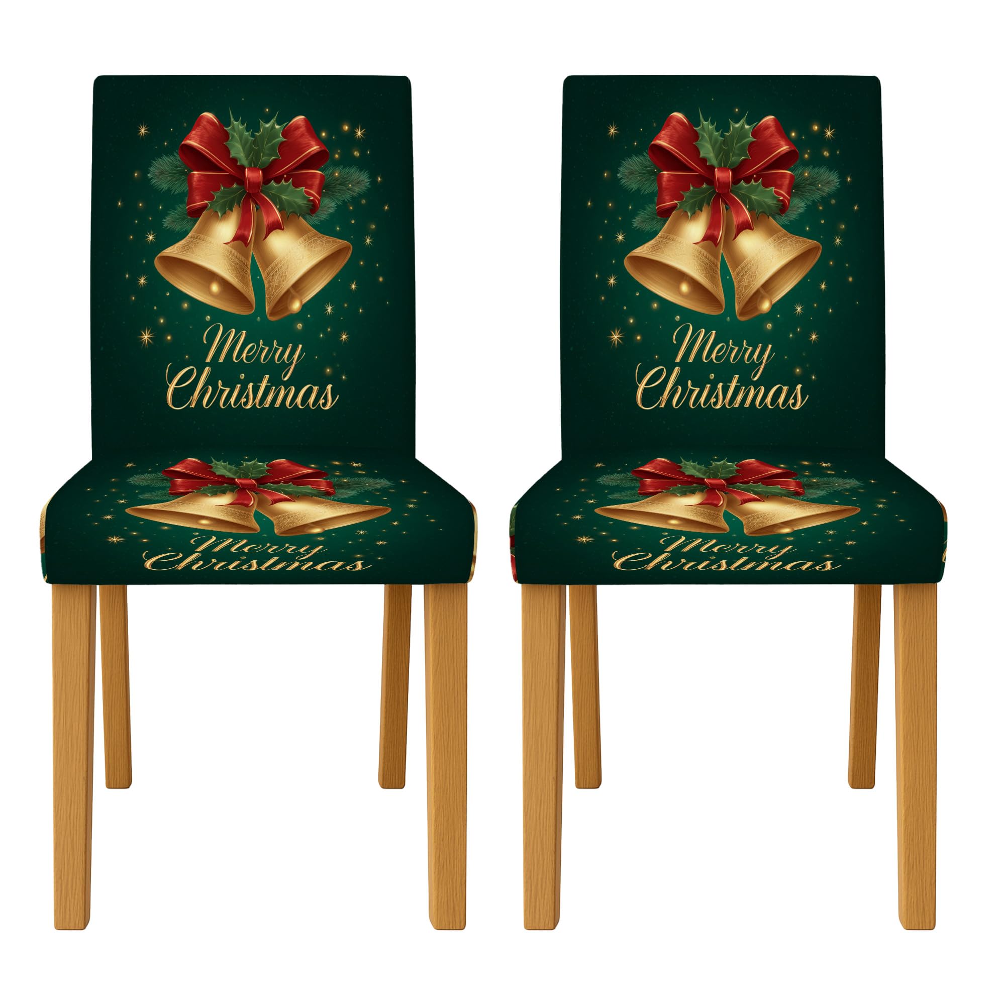 Bells Dining Room Chair Covers Holly Ribbon Christmas Green Spandex Washable Removable Decor for Kitchen Restaurant Office Party 2 Pack