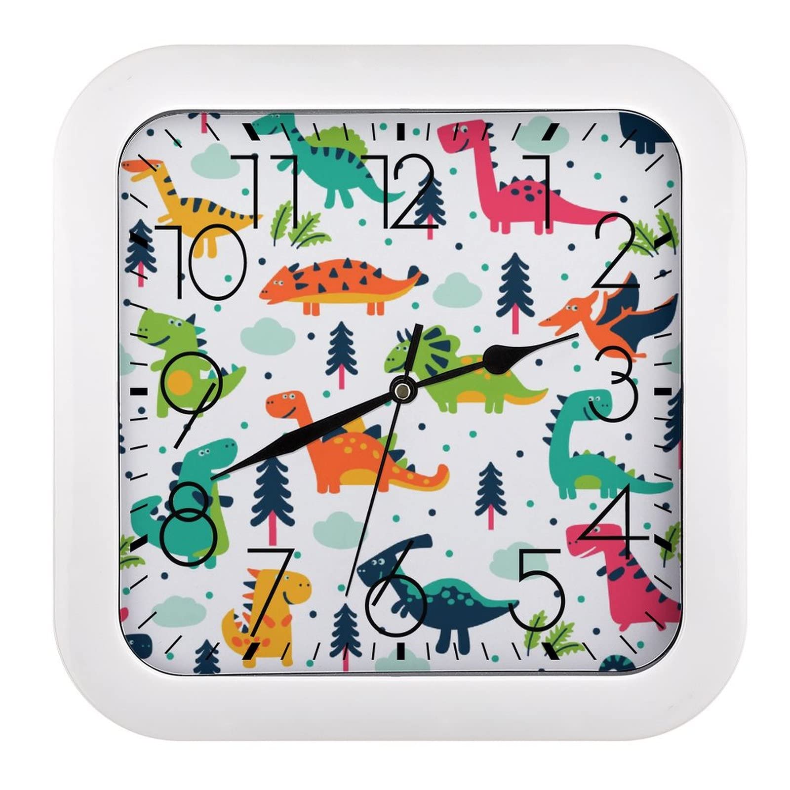 Horloge murale dinosaure colorée carrée 26x26cm grands chiffres