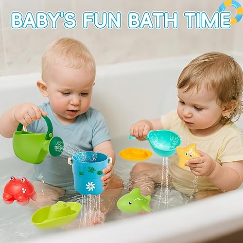 Miniatura 2 de Juguetes de baño para bebés para niños, 16 juguetes de agua para bañera sin moho con botes flotantes, cucharas y bolsa de almacenamiento, sin
