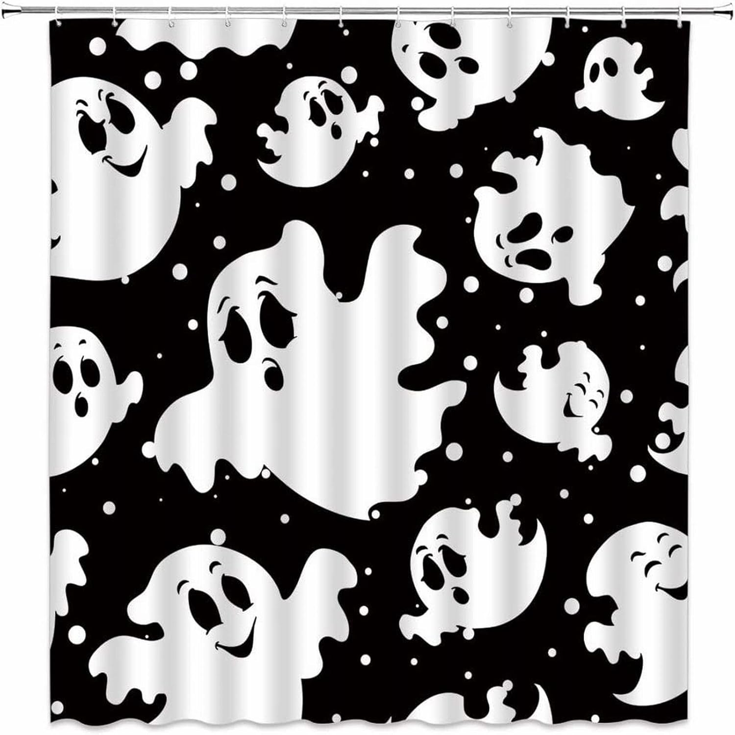 AMFD Halloween Shower Curtain Spooky Black and White Ghost Icons Polka Dot Pattern Kids Boys Home Fabric Bathroom Decor Set with Hooks,（70" Wx74.8 H）
