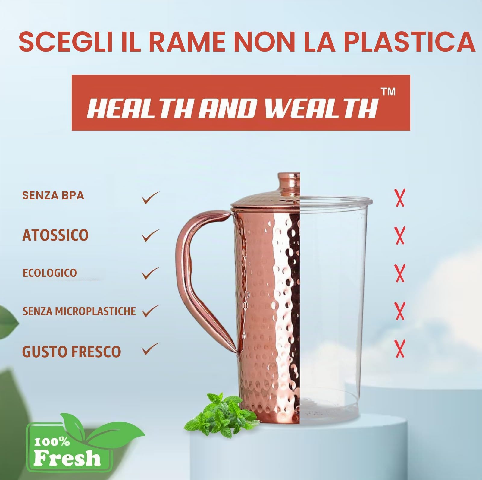 Brocca d'acqua martellata in puro rame con set di 2 bicchieri | Brocca per acqua in rame | Capacità 1,5 l oz