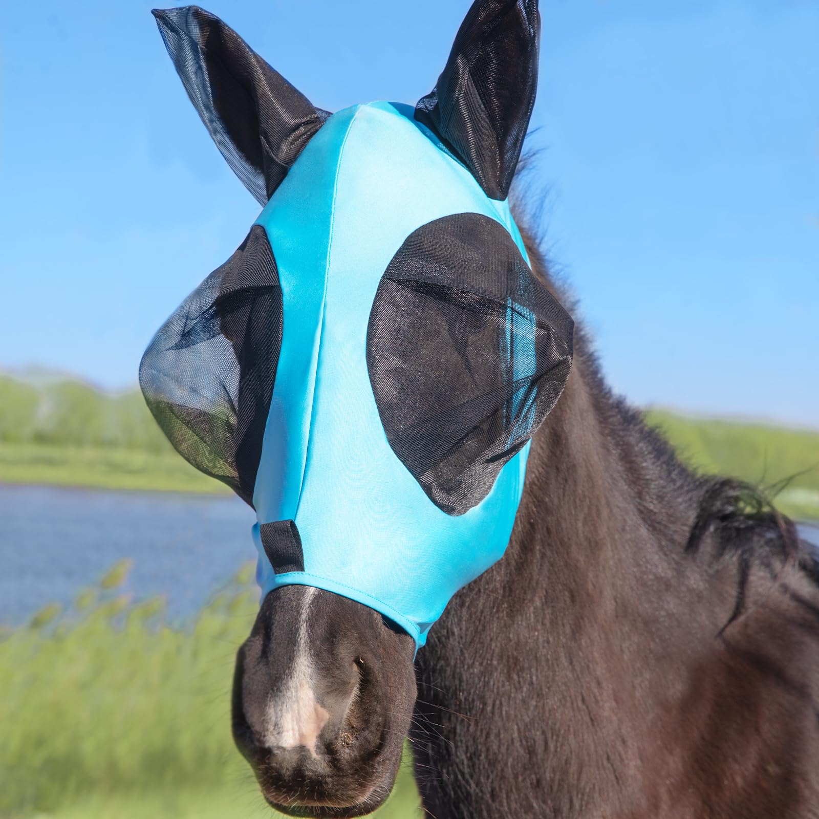 Stretchy Azure Blue Menjo Outdoors Horse Fly Mask with Ears, UV Protection for Horses, Breathable Comfortable Fly Mask Suitable for Quarter Horses,