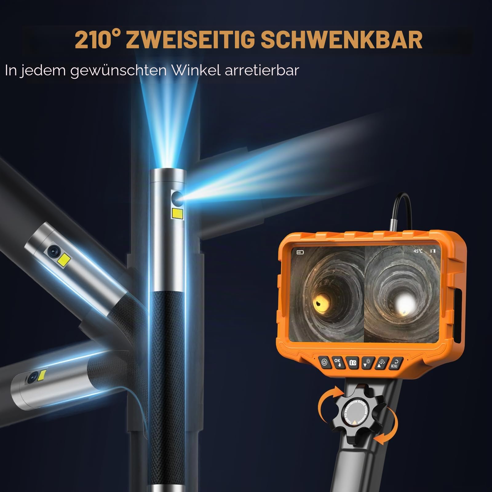 Doppeltes Endoskop 210° mit zwei Linsen, IPS-Endoskop-Kamera 7 Zoll (17,8 cm) 1080P mit Rollsteuerung, flexible wasserdichte Kamerasonde 6,5 mm für Inspektionen an der Wand, Auto