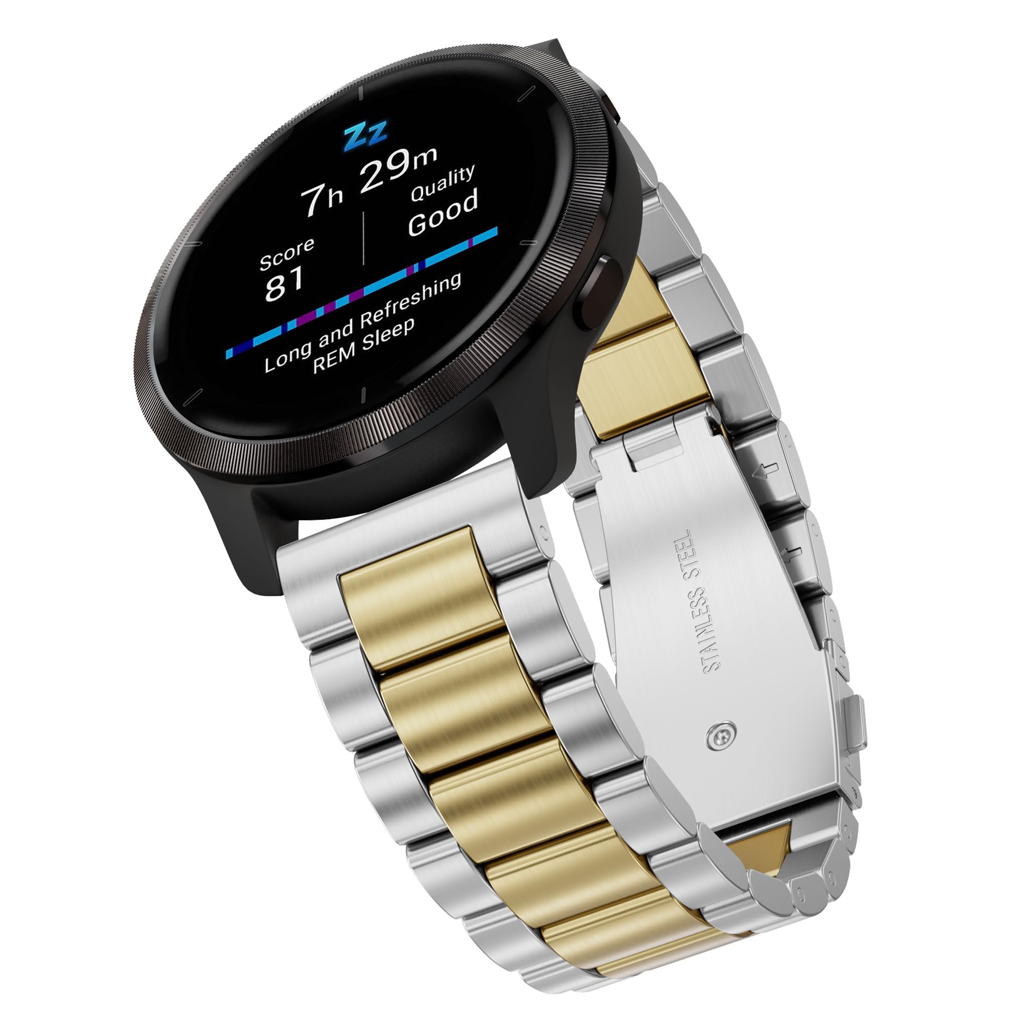 Cinturino In Metallo 22mm Per Garmin Venu 2, Vivoactive 4, Forerunner 255/255 Music 46mm - Colore Bicolore Argento/Oro Rosa Con Chiusura A Farfalla