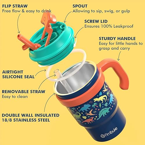 Miniatura 7 de Fimibuke Vaso aislado para niños de 16 onzas con asa y pajillas, paquete de 2 vasos de acero inoxidable 188 sin BPA con tapas 2 en 1, a prueba de