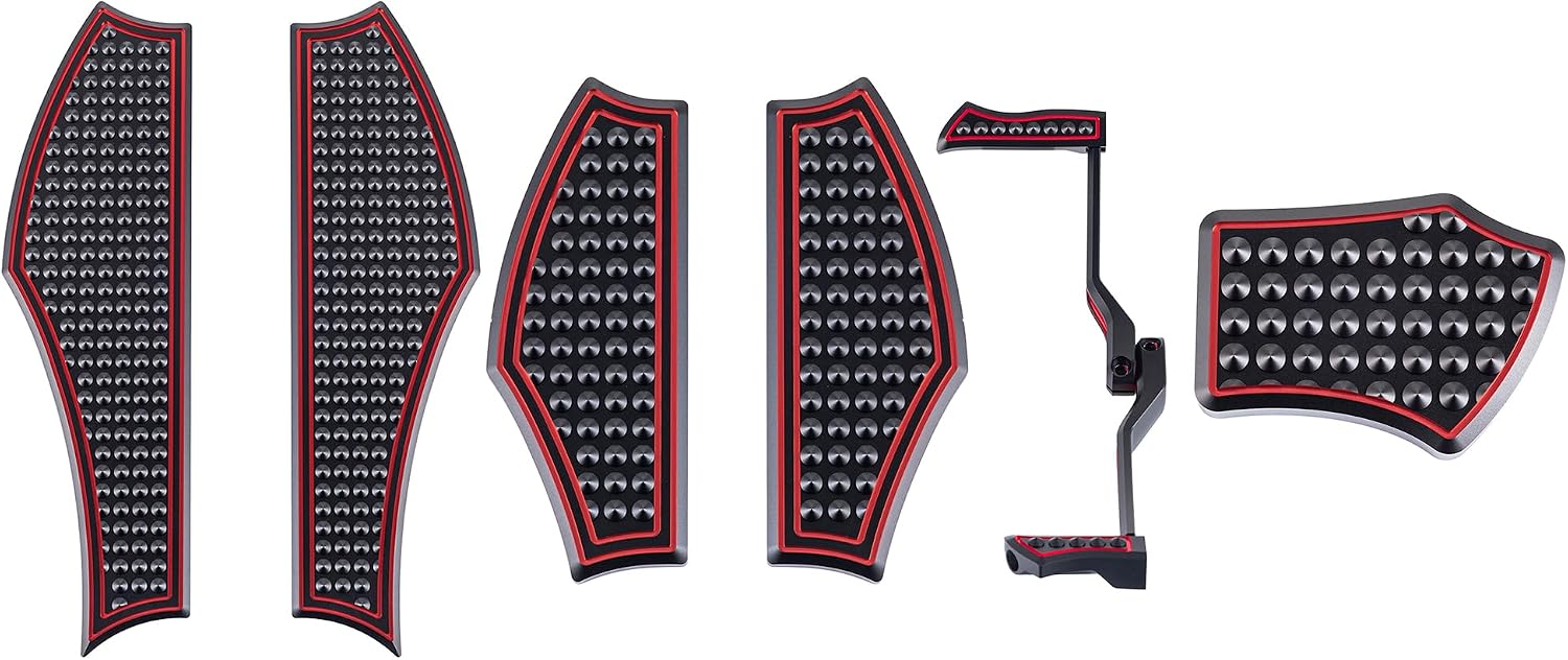Advanblack Vengeance Floorboards Set, Driver and Passenger Footboards, Front and Rear Foot Pegs, Shift Lever, CNC Brake Pedal for Harley Touring Road Glide, Street Glide, Electra Glide (Black/Red)
