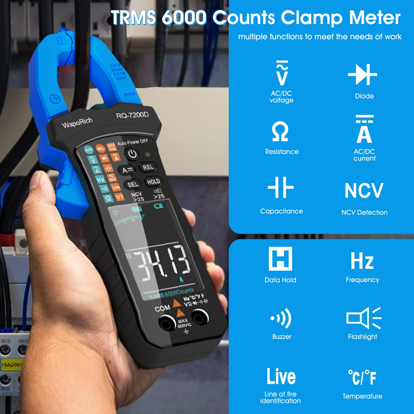 WapoRich Digital Clamp Meter TRMS 6000 Counts Multimeter RQ-7200D Auto Range NCV AC DC Voltage Current Resistance