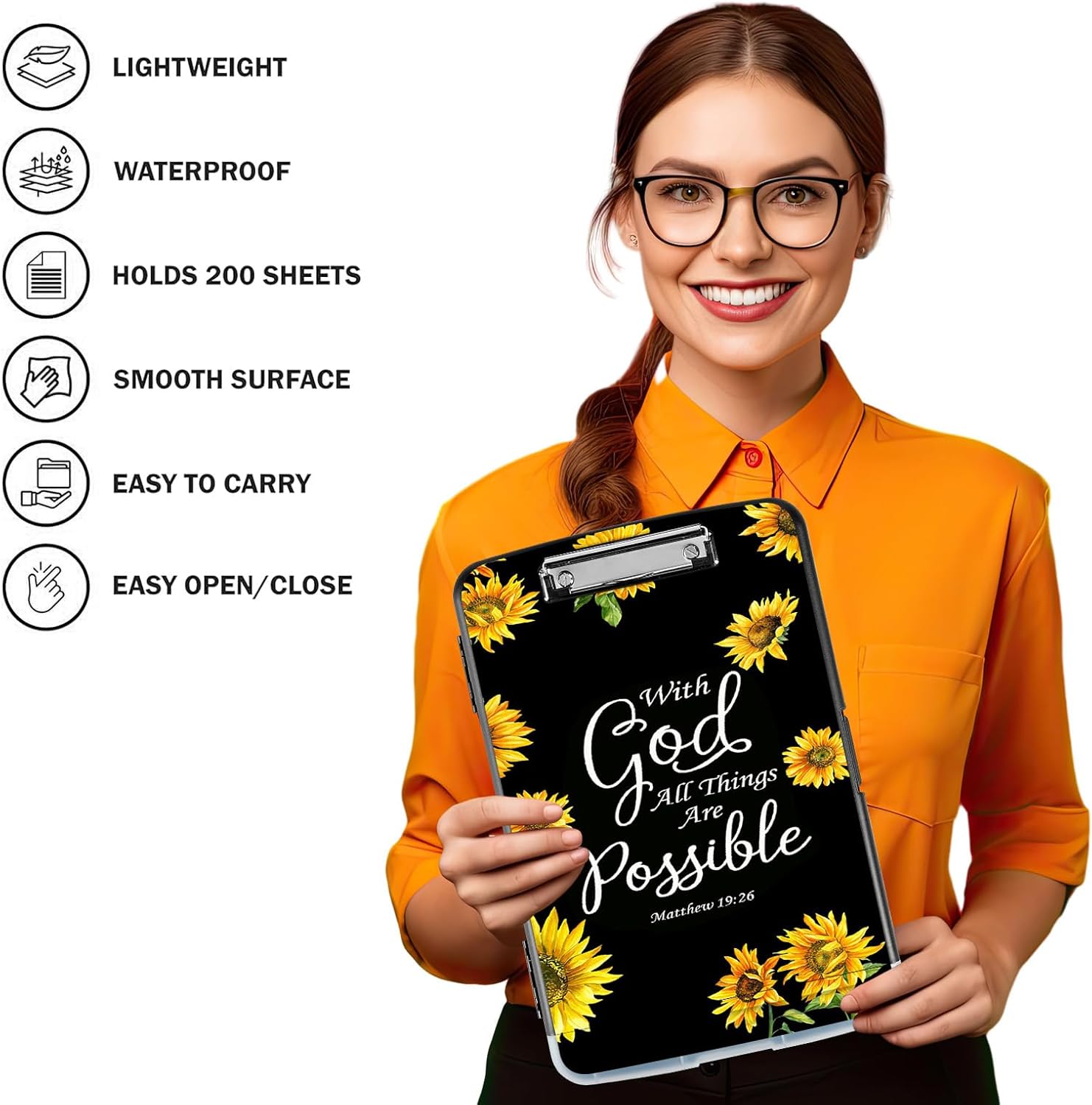 Clipboard with Storage,A4 Storage Clipboard,High Capacity Clipboards,Clipboard Storage with Clip and Pen Holder,Coaches Clipboard Folder Case-Sunflower Matthew 19:26
