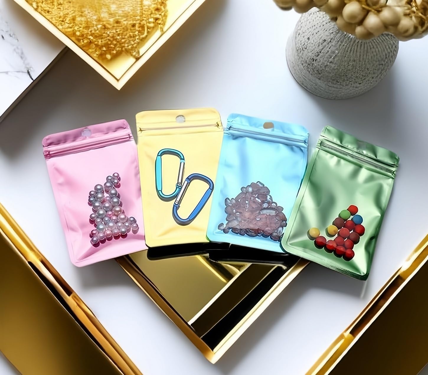 250pz Sacchetti olografici in mylar, 10 x15cm Sacchetti Ziplock a prova di odore, Piccoli sacchetti di plastica per dolci richiudibili, sacchetti sigillati per la conservazione di alimenti caramelle