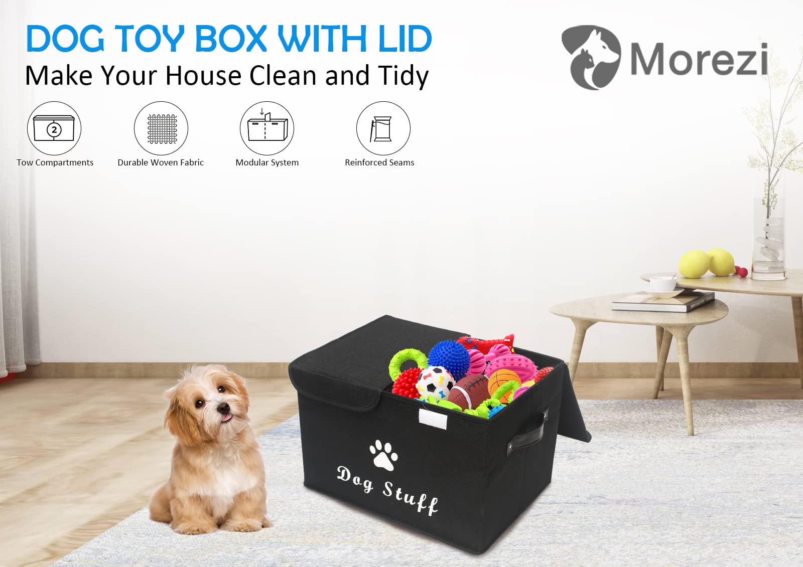 Morezi caja de juguetes para perros con tapa, caja de almacenamiento de juguetes para mascotas, adecuada para guardar juguetes y accesorios para perros y gatos-Negro