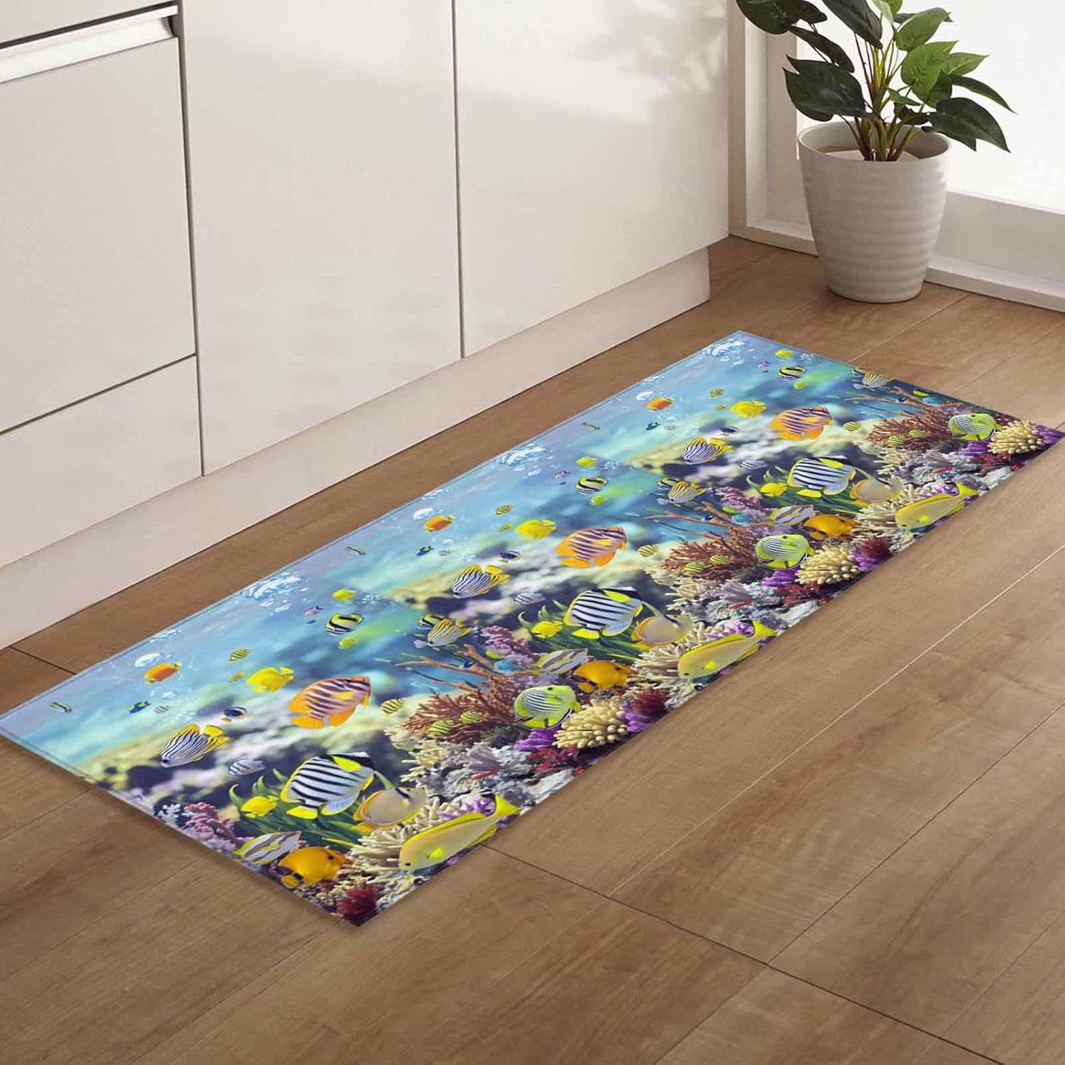 2 Pieces Kitchen Rugs and Mats,Underwater World Tropical Fish Coral Area Runner Rug Set Non Slip Floor Doormat Washable Carpet Standing Mat for Kitchen Sink Indoor Corridor,Ocean Marine Colorful Life