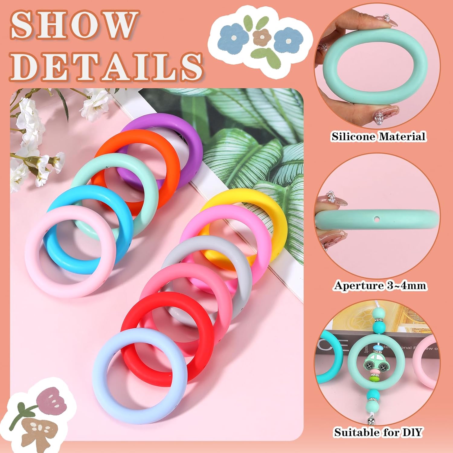WEWAYSMILE 32 Piece Silicone Beadable Ring 65mm Round Silicone Beads Ring Bulk Focal Beads Water Transfer Silicone Beads for DIY Make Handicrafts Keychains Necklaces Lanyards(Classic Color Mix 1)