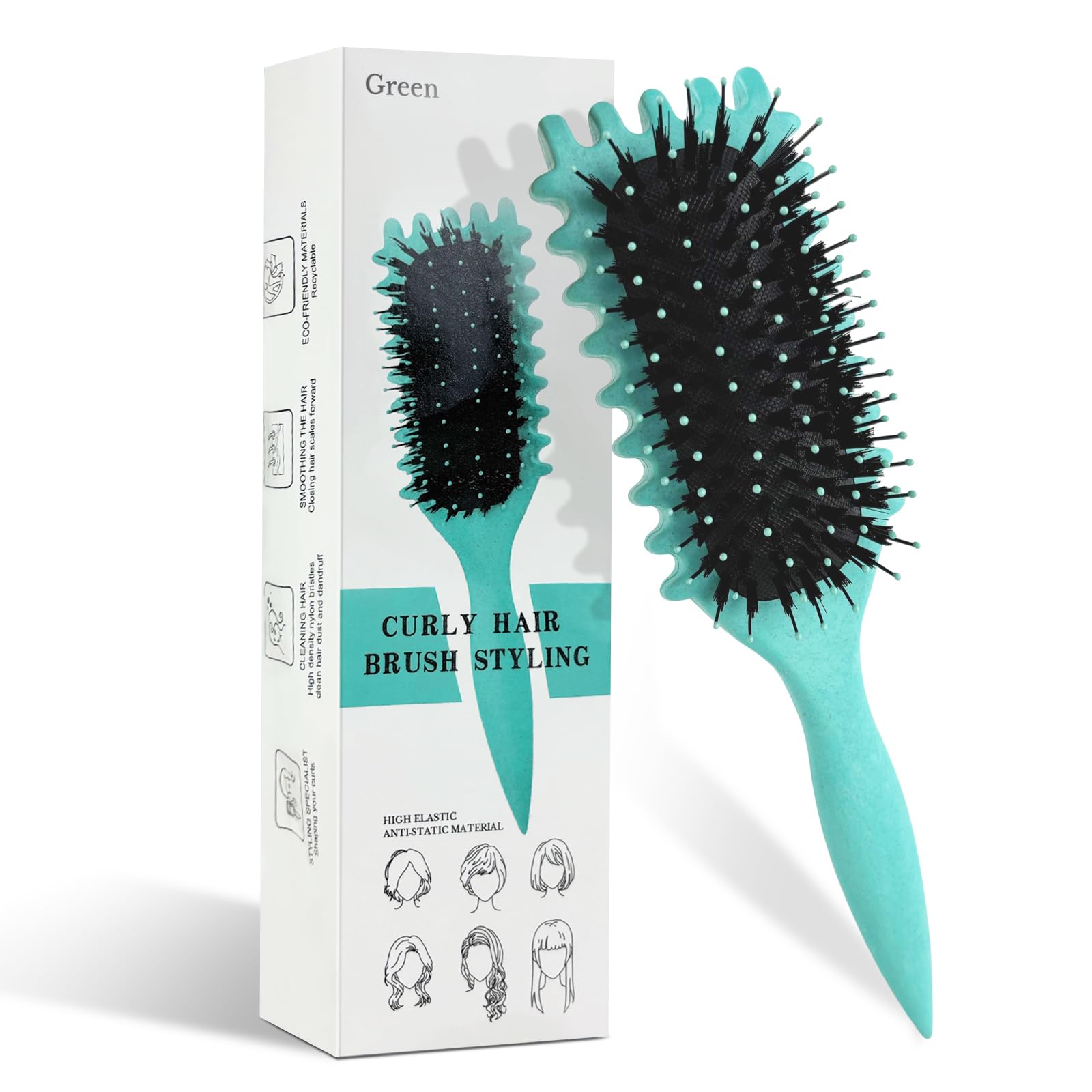 CNMTCCO Krulborstel, Borstel voor Krullend Haar, Kruldefiniërende Borstel, Haarborstel om te Kammeren en Vormen, Nylonharen, Krulversterker, Vermindert Trekken en Scheiding van Krullen voor (Groen)