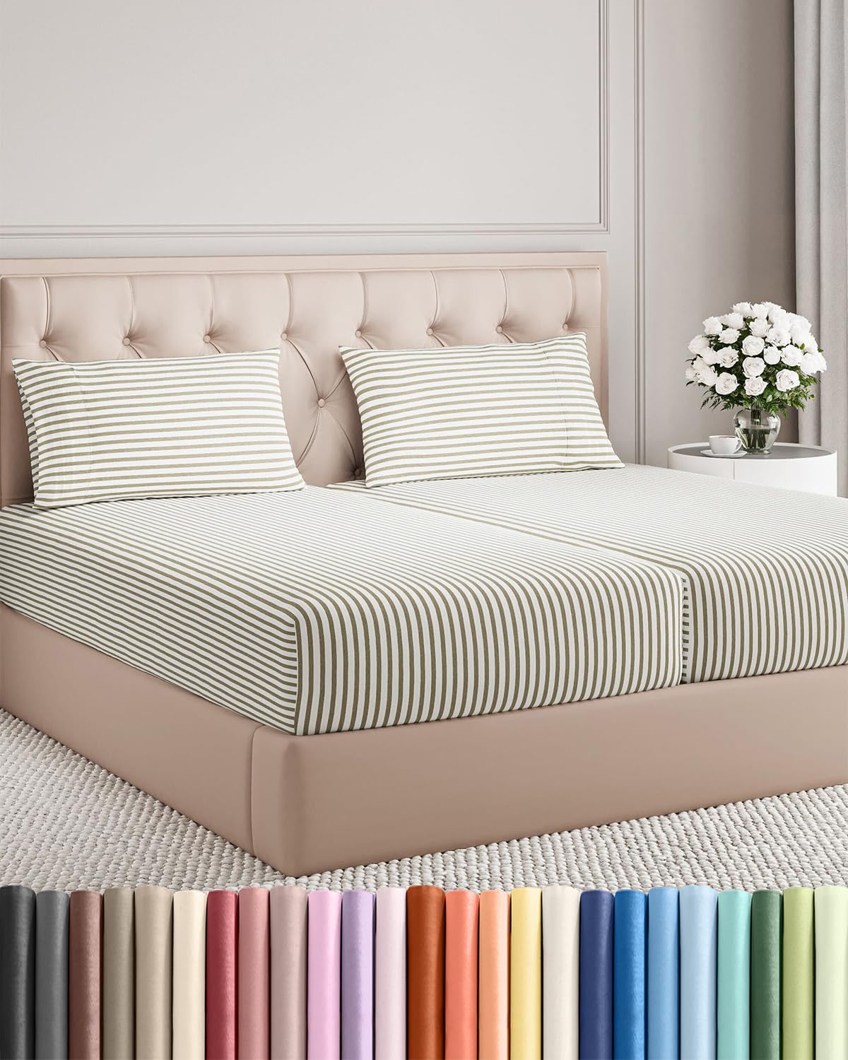 Split King Size 5 Piece Sheet Set - Breathable & Cooling - Beige Stripes | Hotel Luxury Bed Sheets for Women & Men, Deep Pockets, Easy-Fit, Comfy, Soft and Wrinkle Free Sheets, Oeko-Tex Bed Sheet Set 44 - Beige Stripes 2 Split King Size