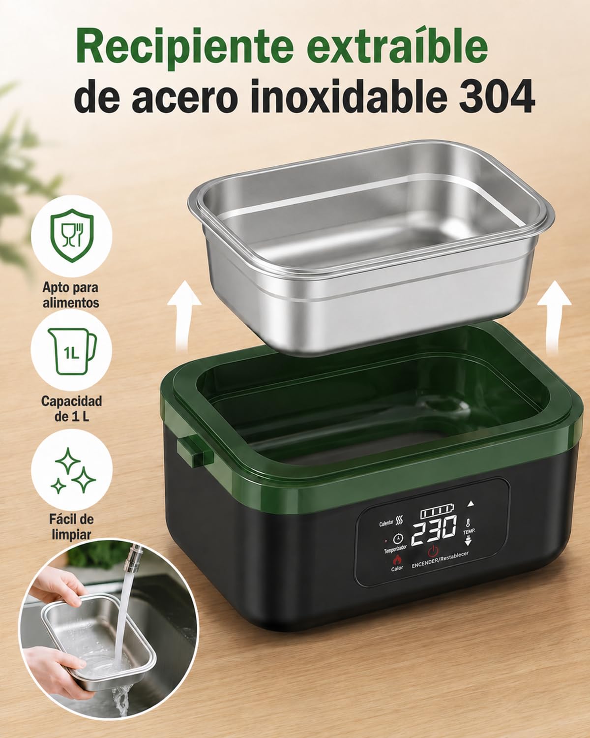 LANMOU Fiambrera Eléctrica Sin Cables 1L, Batería 16000mAh, Acero Inox 304 | Tupper Eléctrico Recargable Usb-C, 6 Temperaturas, Temporizador, Para Coche Camión Oficina Y Trabajo, 60w