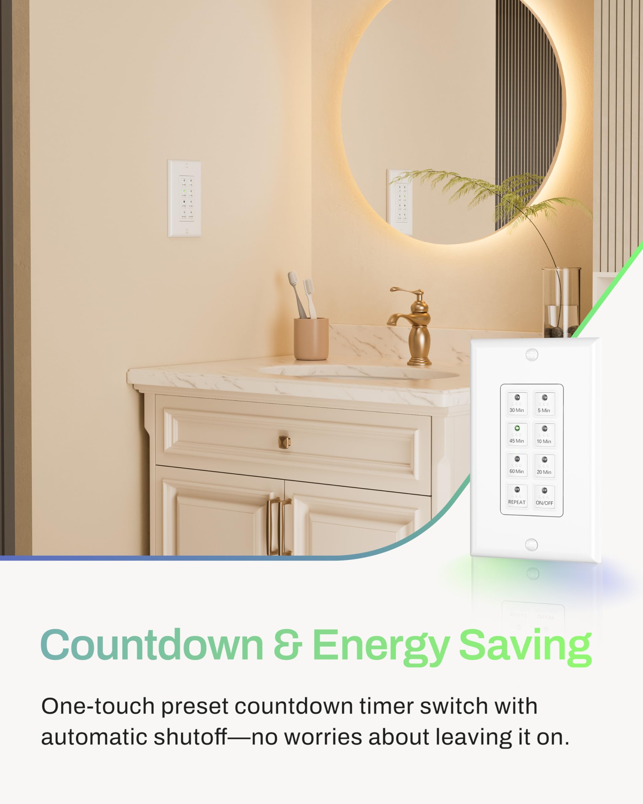 BN-LINK - Interruptor de temporizador digital de cuenta regresiva en la pared con botón pulsador de 5-10-20-30-45-60 minutos, para ventilador de baño, temporizador de luz en la pared, requiere neutro,