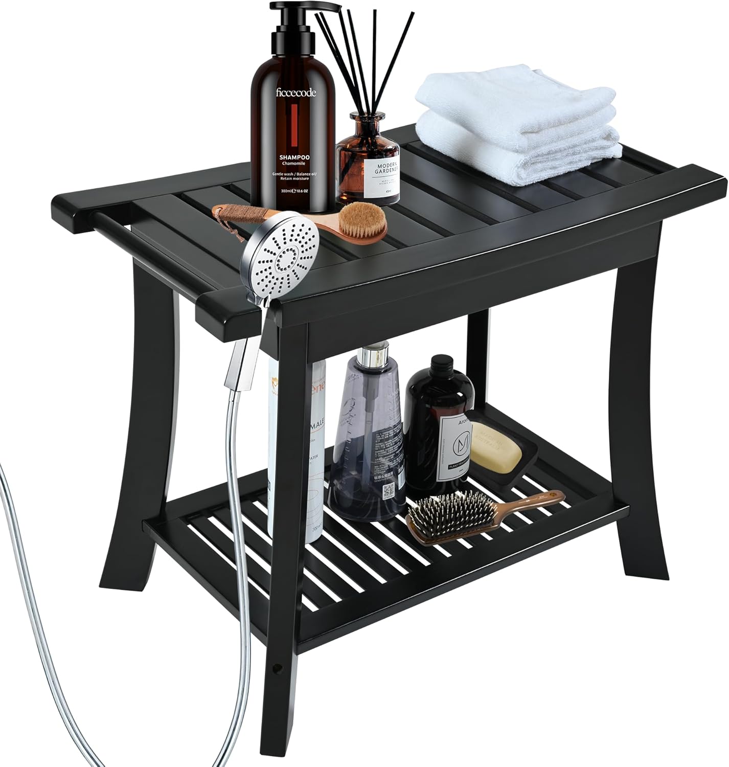 Black Bamboo Shower Bench for Inside Shower with Storage Shelf, Bathroom Shower Stool for Adults Shaving Legs, Spa Bathroom Bench Stool for Indoor Outdoor Use,Bamboo