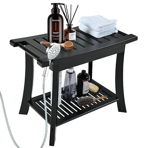Black Bamboo Shower Bench for Inside Shower with Storage Shelf,