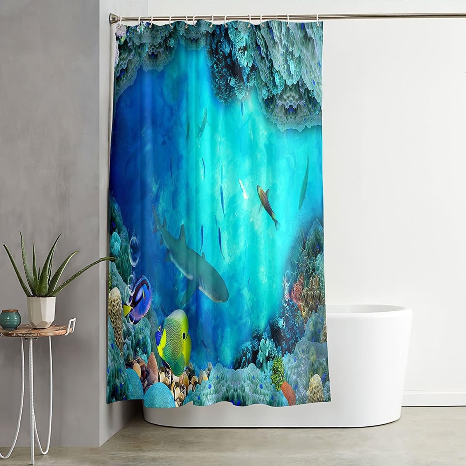 Cortina de ducha impermeable elegante, cortina de ducha única The Underwater World azul amarillo poliéster 72 x 80 pulgadas