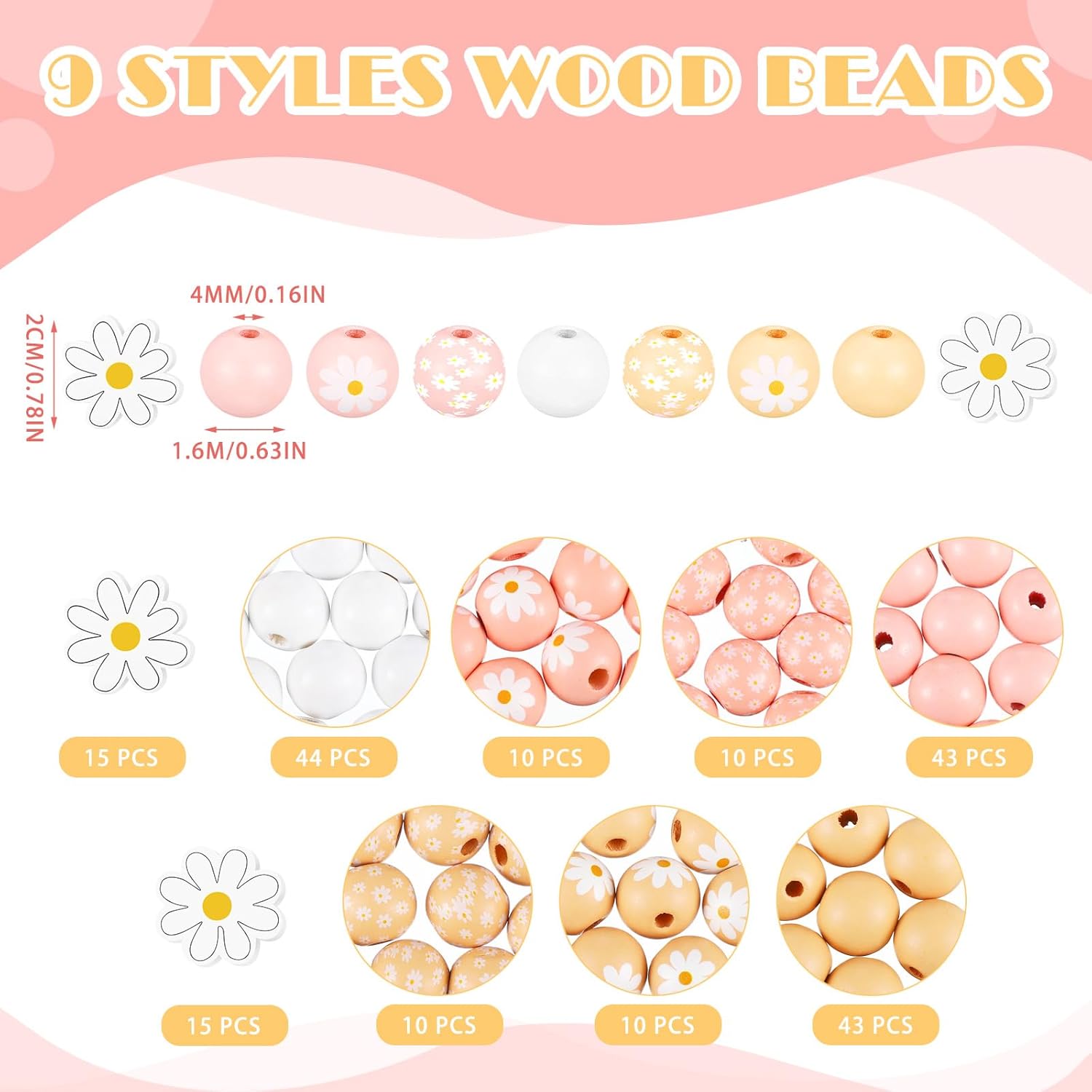 Buryeah 200 Pcs Daisy Flower Wooden Beads Set 16mm Daisy Round Beads 20mm Rustic Farmhouse Colorful Floral Printed Charms for Spring Summer DIY Crafts Jewelry Garland Keychain Making - Image 2