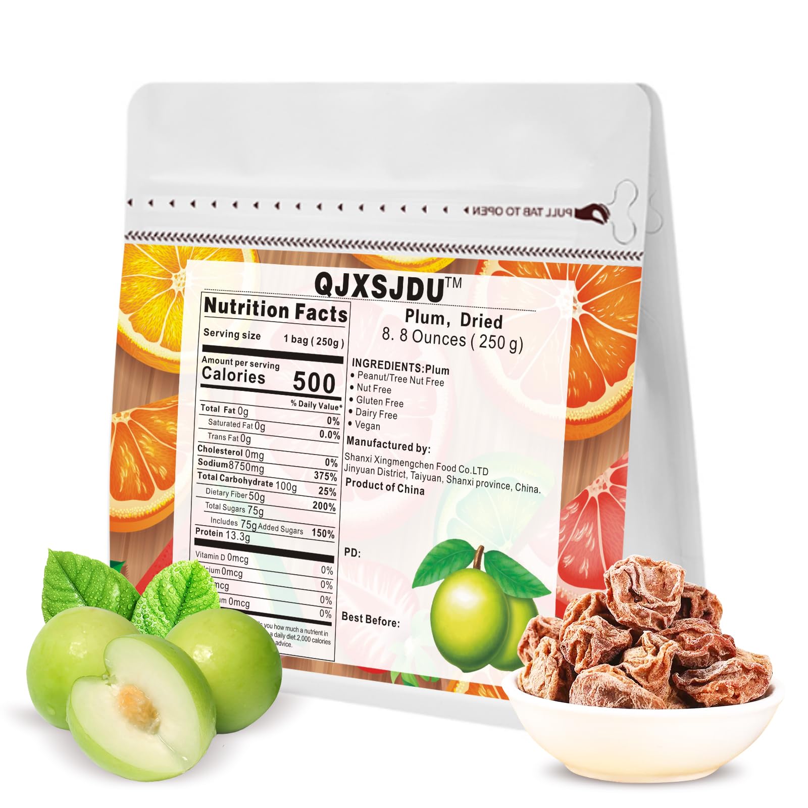 QJXSJDU Dried Fruit Prunes, Smoked with Fresh Plums, Delicious Asian Food Sweet and Salty Snacks for Sour Plum Juice, Chinese Snack, Everyone Loves Dry Pitted Prune (8.8 Oz/250g Per Bag)